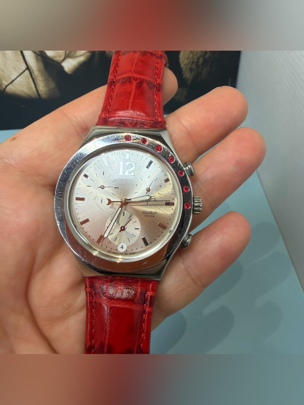 Swatch Irony Heart-Cherry YCS587 Chronograph Watch Red Leather Working